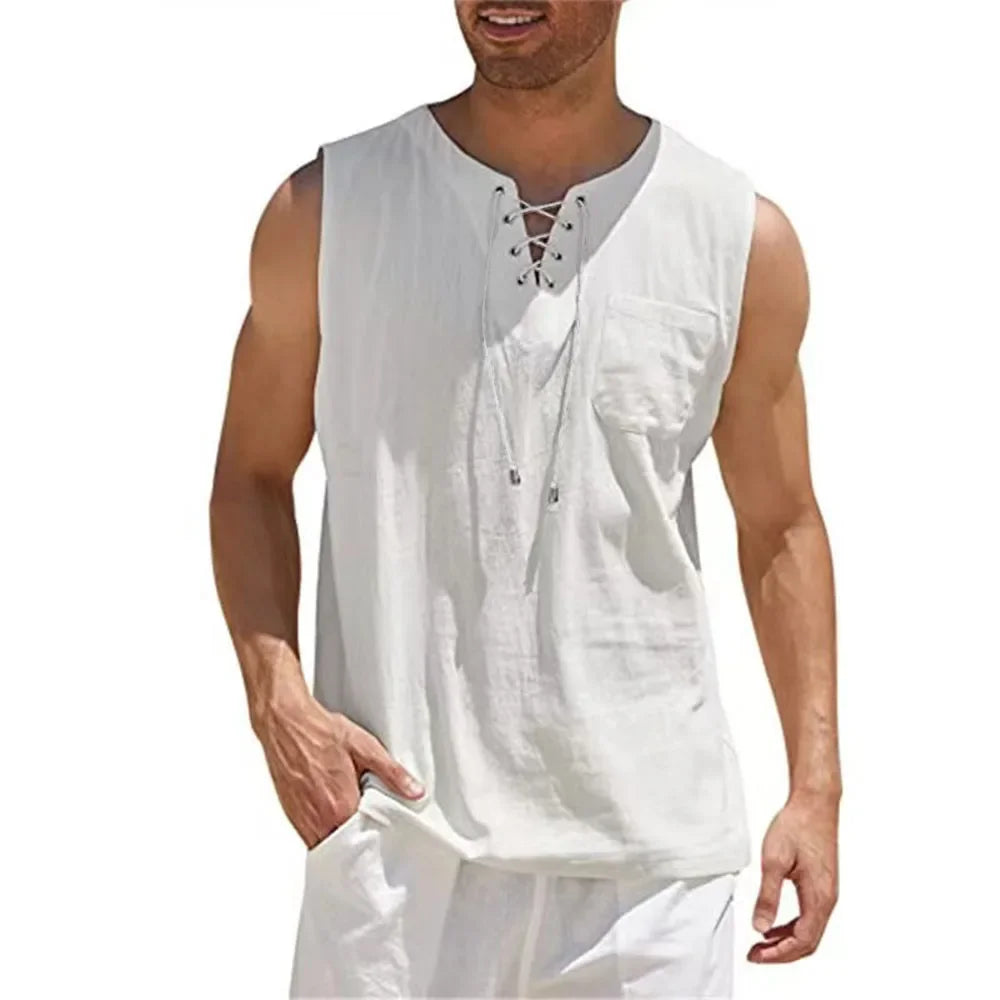 Camiseta Sin Mangas Hombre | Algodón Lino · Escote V · Estilo Retro Casual