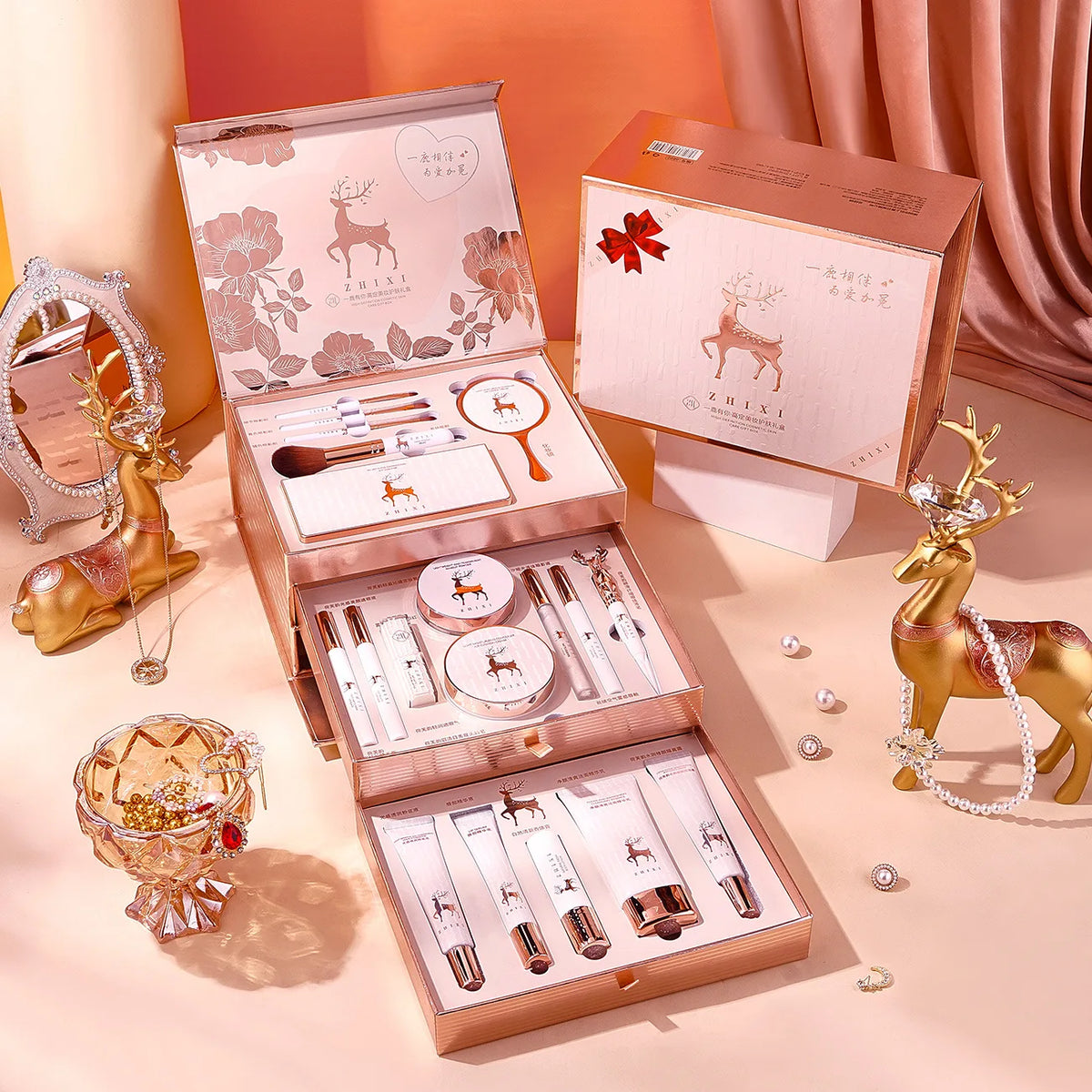 Set de maquillaje BB Bellezachic de 20 piezas en caja de regalo, con brochas, sombras y productos para rostro y labios.
