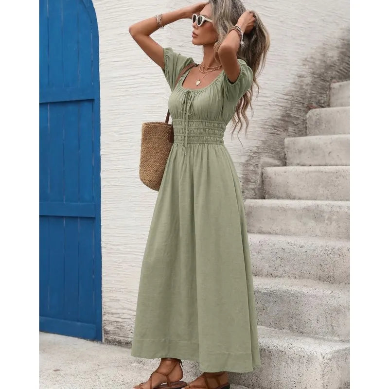 Vestido Elegante Manga Abullonada™ – Cuello Cuadrado y Cintura Alta