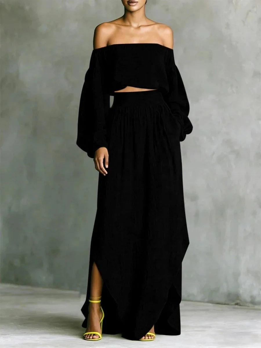 Conjunto de top con hombros descubiertos y falda midi de BB Bellezachic, estilo elegante y moderno en tonos neutros.