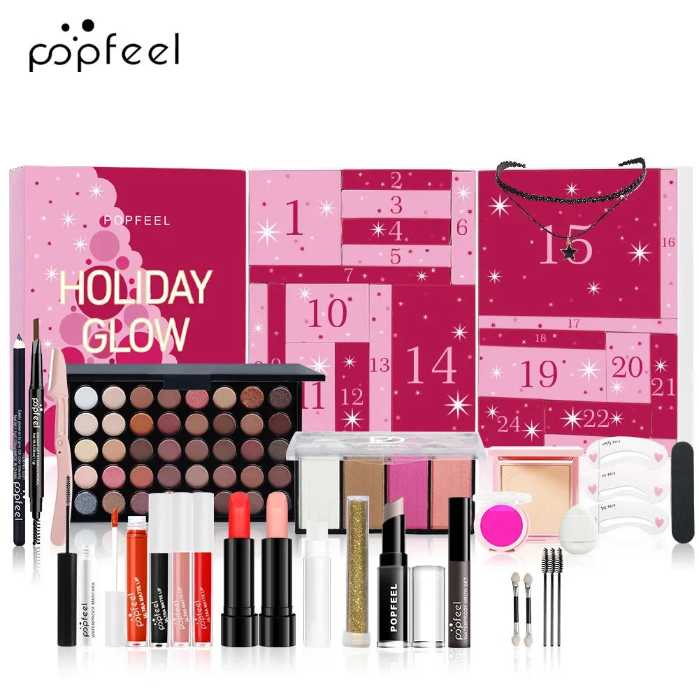 Calendario de Adviento de Maquillaje BB Bellezachic con 24 piezas, mostrando cajas decoradas con productos de belleza y maquillaje.