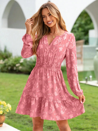 Böhmisches elegantes Jacquard-Minikleid Damen Sommer Mode V-Ausschnitt Langarm Design Kleider Damen Hohe Taille A-Linie Vestidos