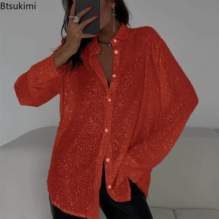Camisa de lentejuelas de manga larga de BB Bellezachic, blusa elegante con brillo y detalles brillantes en las mangas.