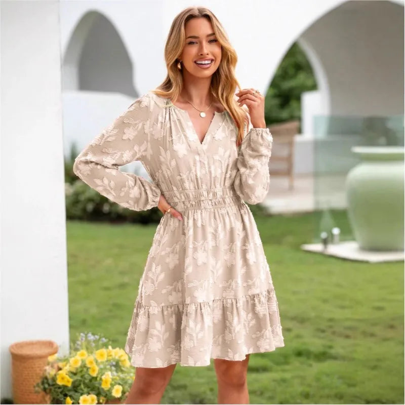 Böhmisches elegantes Jacquard-Minikleid Damen Sommer Mode V-Ausschnitt Langarm Design Kleider Damen Hohe Taille A-Linie Vestidos