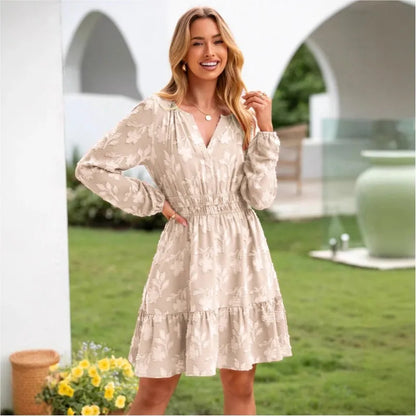 Böhmisches elegantes Jacquard-Minikleid Damen Sommer Mode V-Ausschnitt Langarm Design Kleider Damen Hohe Taille A-Linie Vestidos