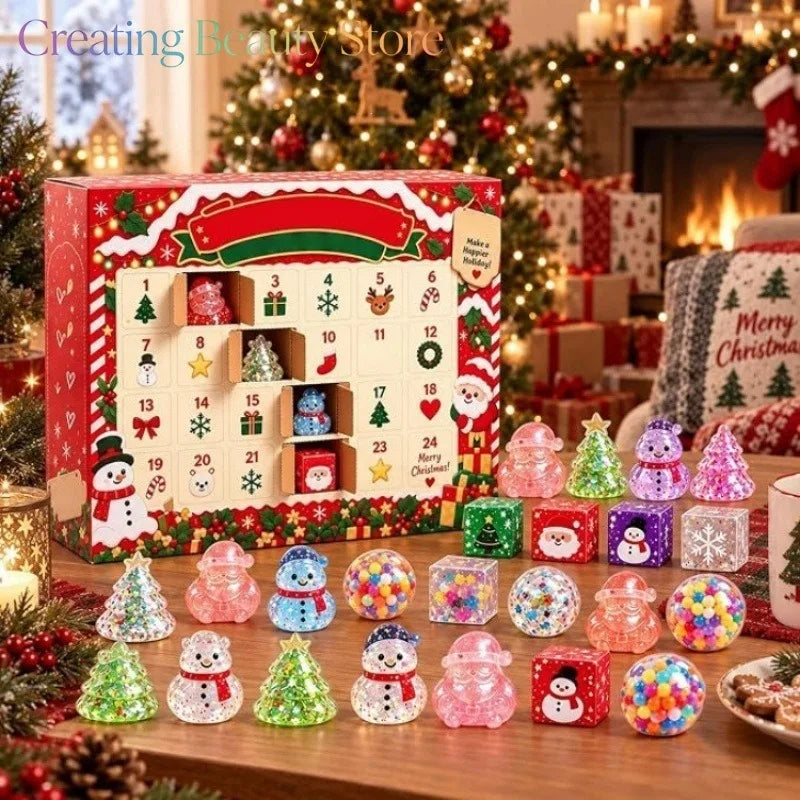 Calendario de Adviento BB Bellezachic con 24 figuras squishy mochi en forma de personajes divertidos y coloridos.