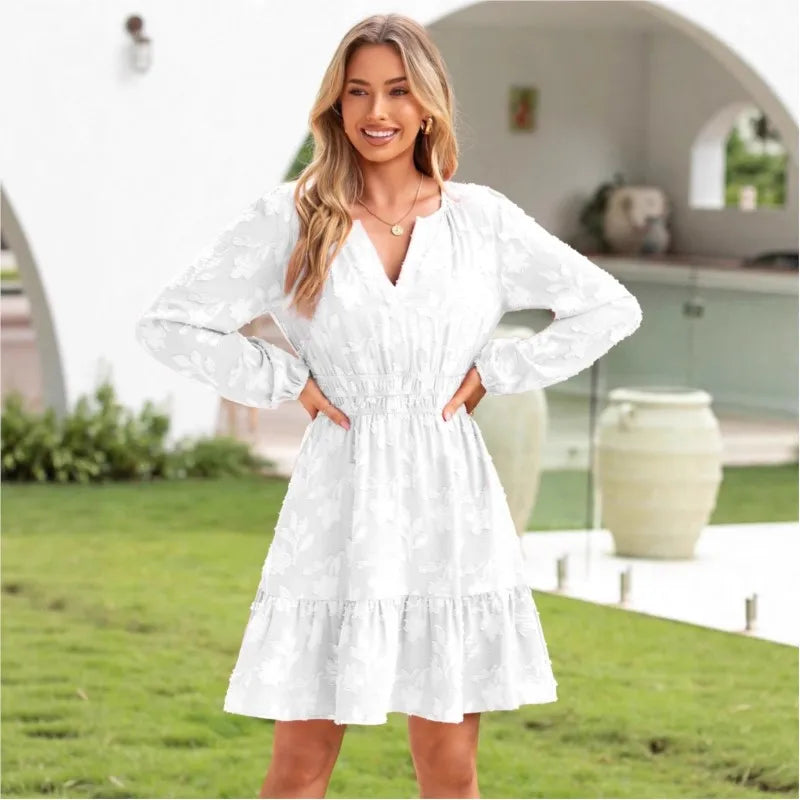 Böhmisches elegantes Jacquard-Minikleid Damen Sommer Mode V-Ausschnitt Langarm Design Kleider Damen Hohe Taille A-Linie Vestidos