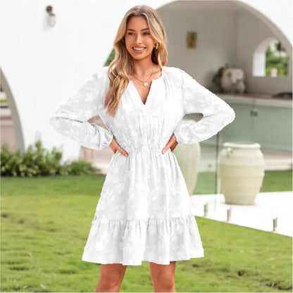 Böhmisches elegantes Jacquard-Minikleid Damen Sommer Mode V-Ausschnitt Langarm Design Kleider Damen Hohe Taille A-Linie Vestidos