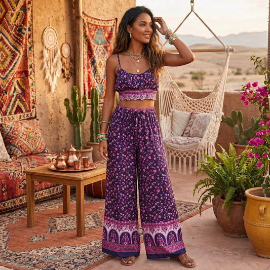 Conjunto Boho Floral Mujer | Top y Pantalón Palazzo Verano