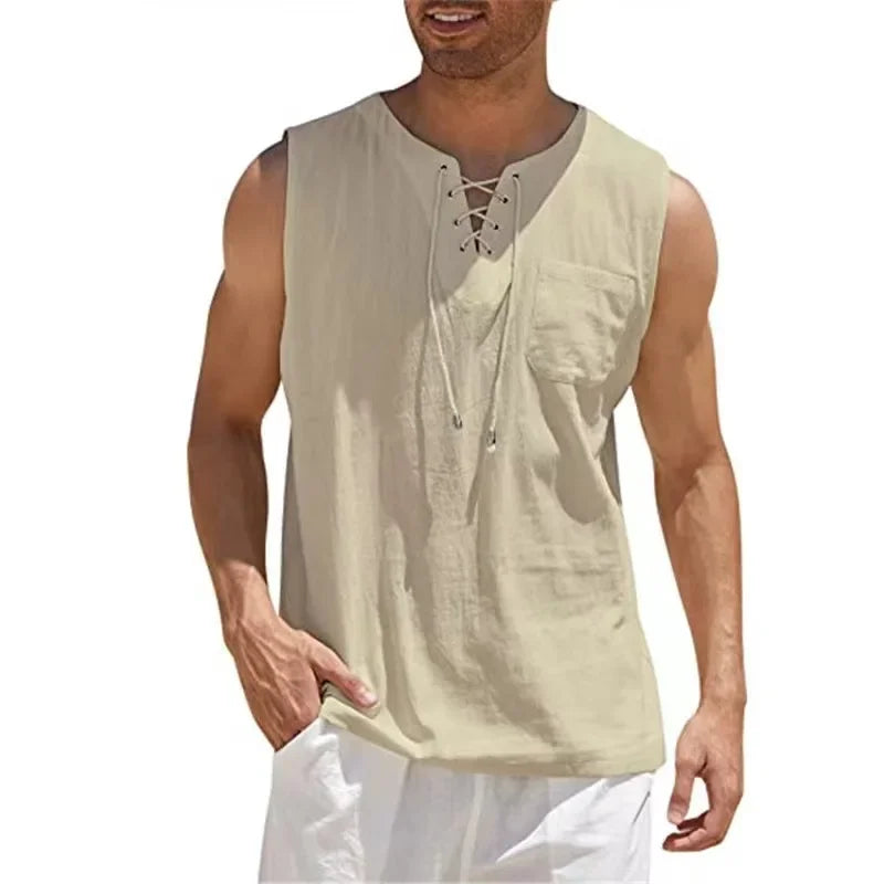 Camiseta Sin Mangas Hombre | Algodón Lino · Escote V · Estilo Retro Casual