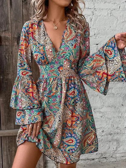 Vestido Estampado Manga Acampanada