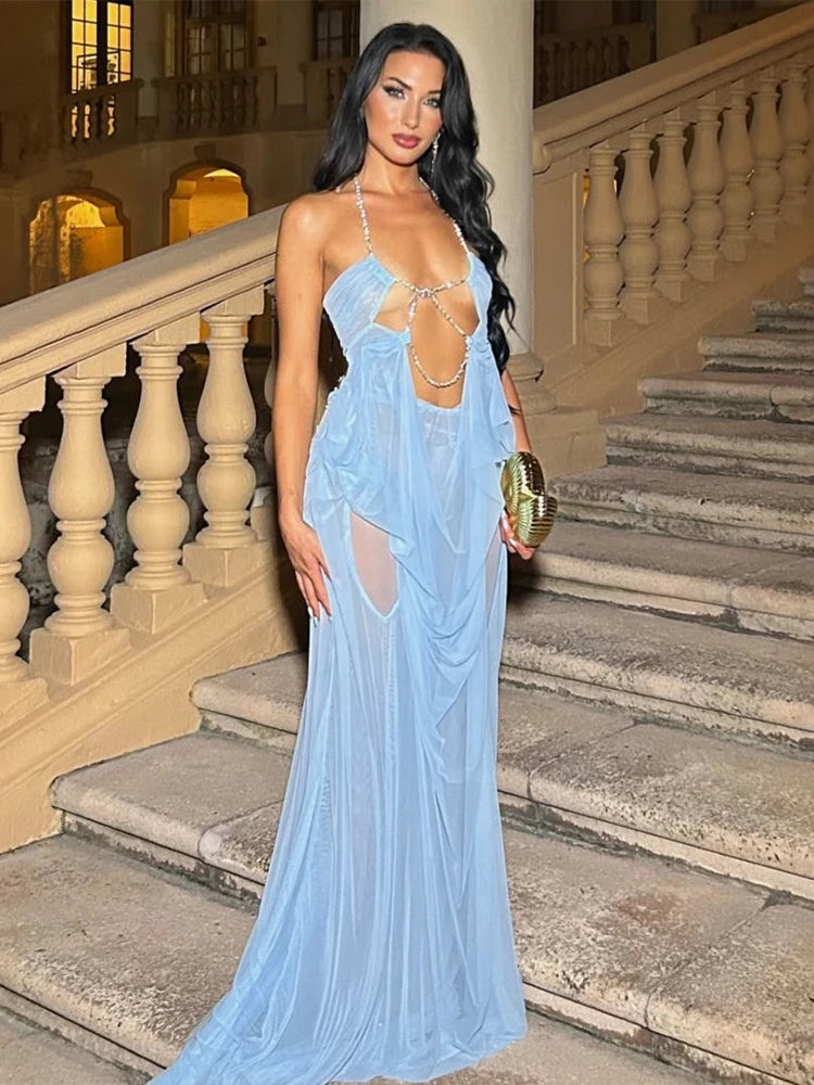 Vestido Stella Glow – Largo Halter con Transparencias y Lujo