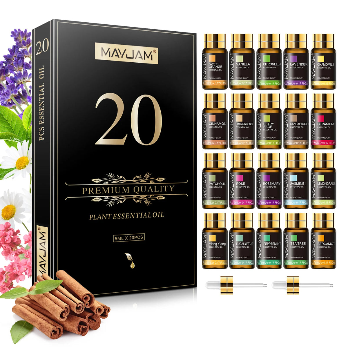Set de 20 aceites de 5 ml BB Bellezachic en caja de regalo, con frascos pequeños y etiquetas coloridas para cuidado personal.
