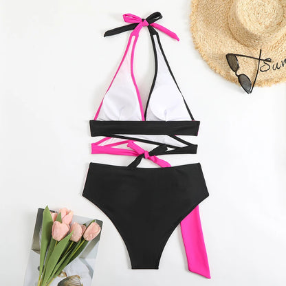 Bikini Cruzado de Cintura Alta con Halter