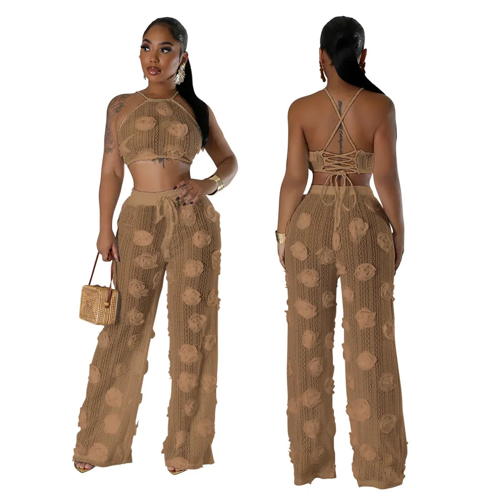Conjunto 2 Piezas Crop Top Floral y Pantalón Wide-Leg