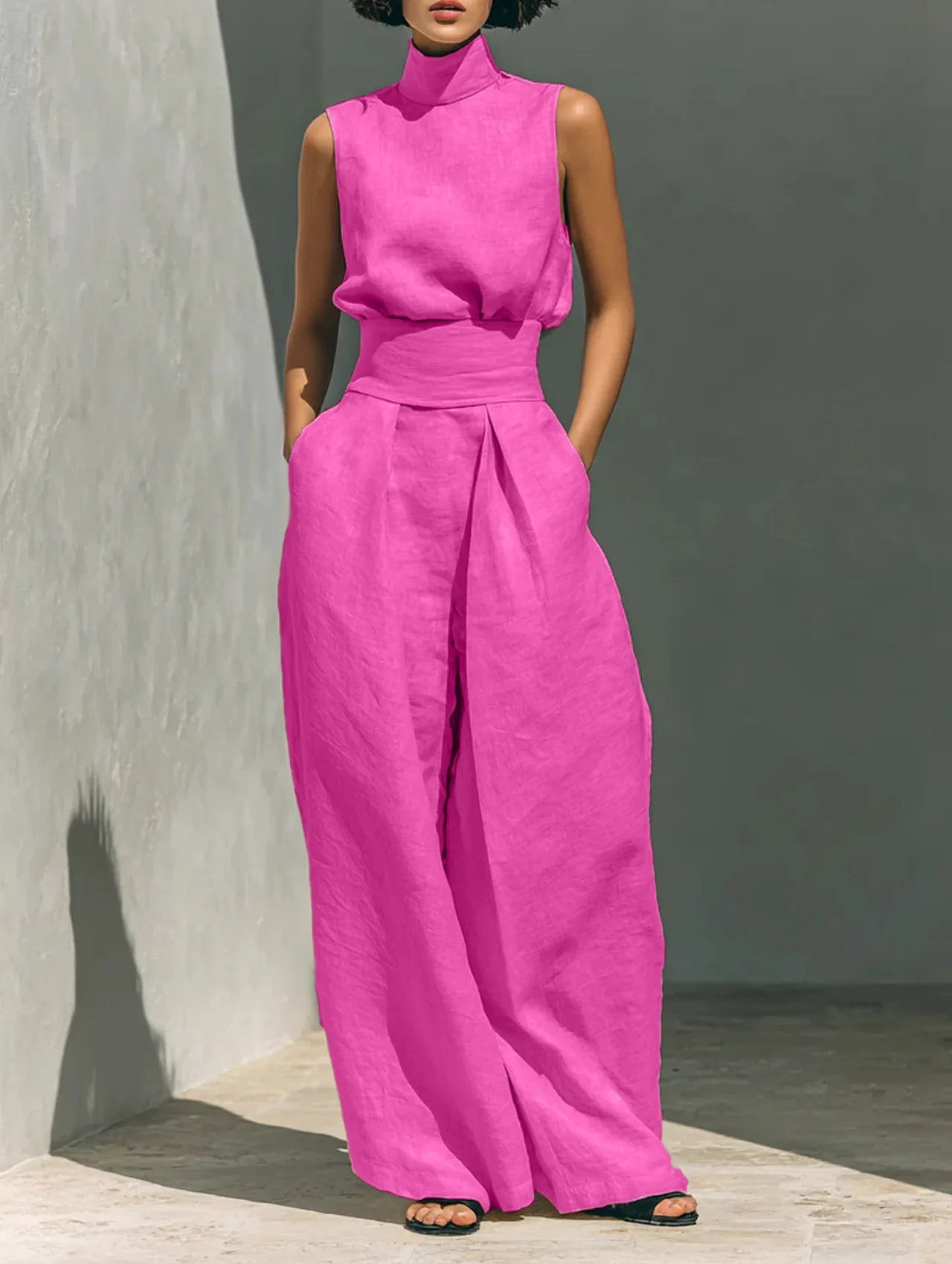 Conjunto Lino Mujer 2 Piezas Separadas | Top Sin Mangas + Pantalón Pierna Ancha