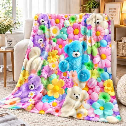 Manta suave con ositos y flores en tonos pastel, de la marca BB Bellezachic, ideal para bebé.