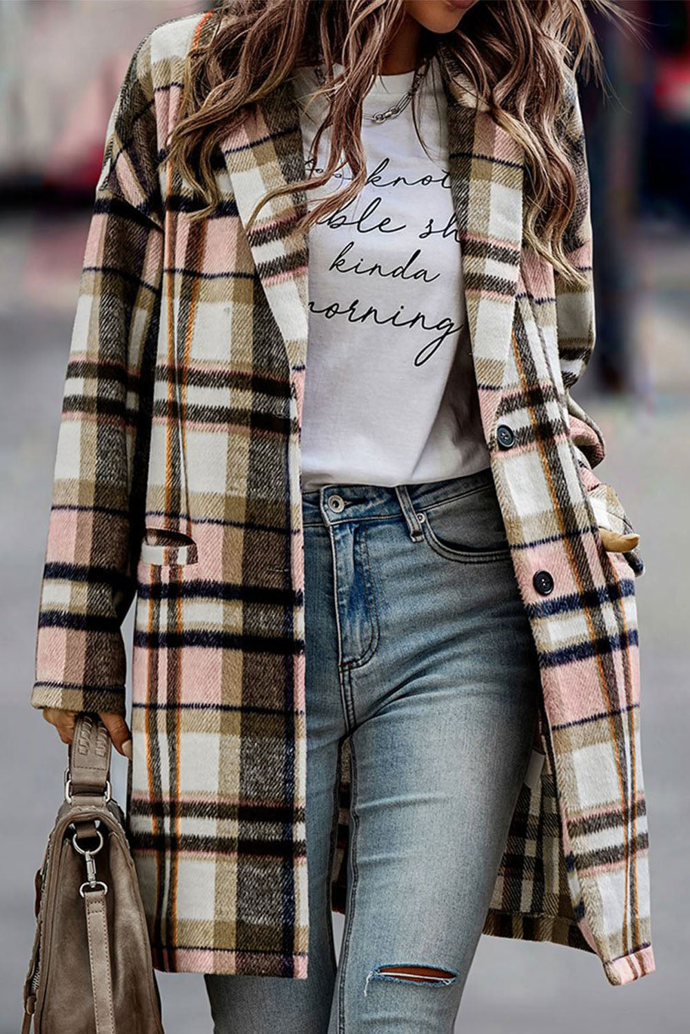 Chaqueta Larga de Cuadros Rosa
