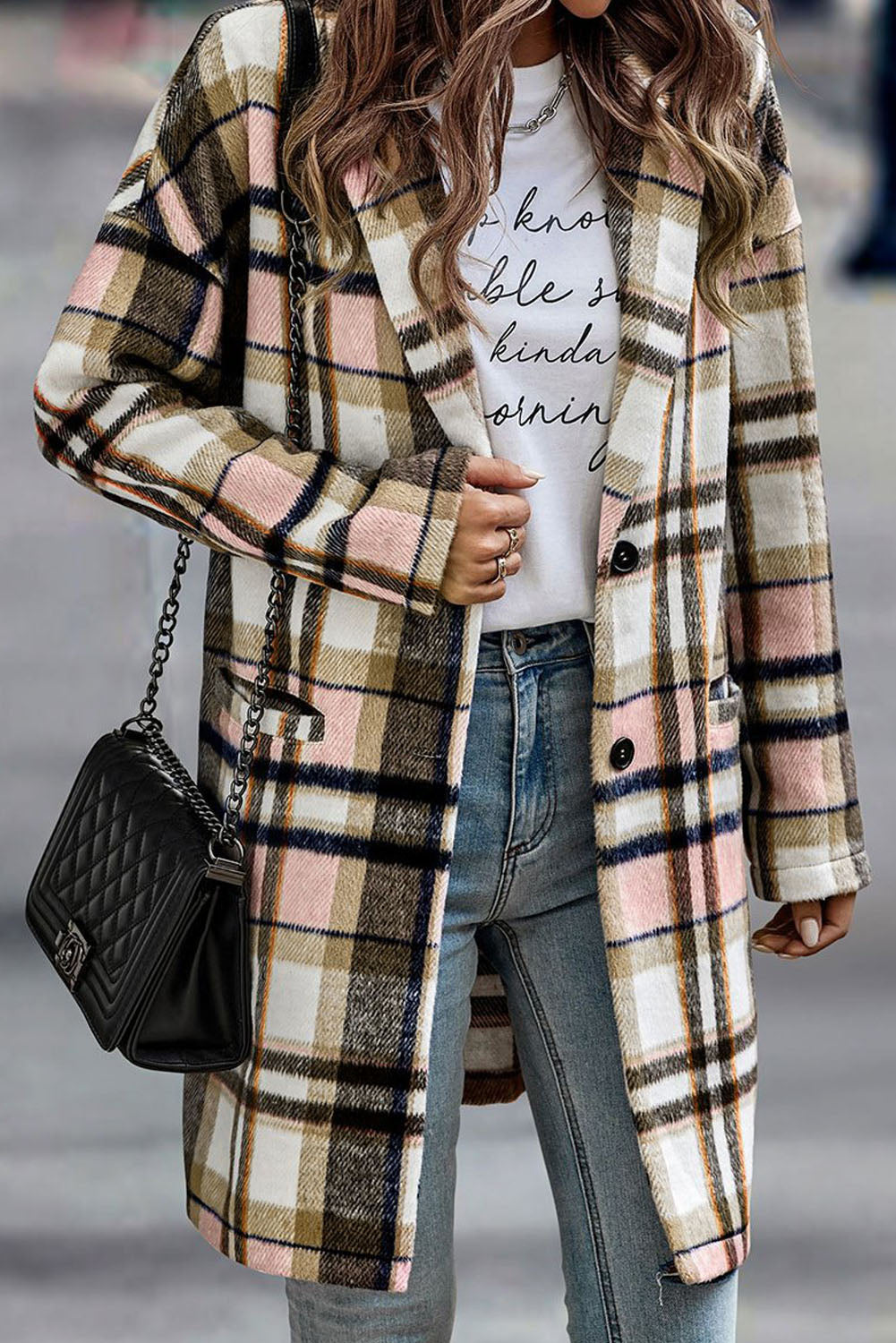 Chaqueta Larga de Cuadros Rosa