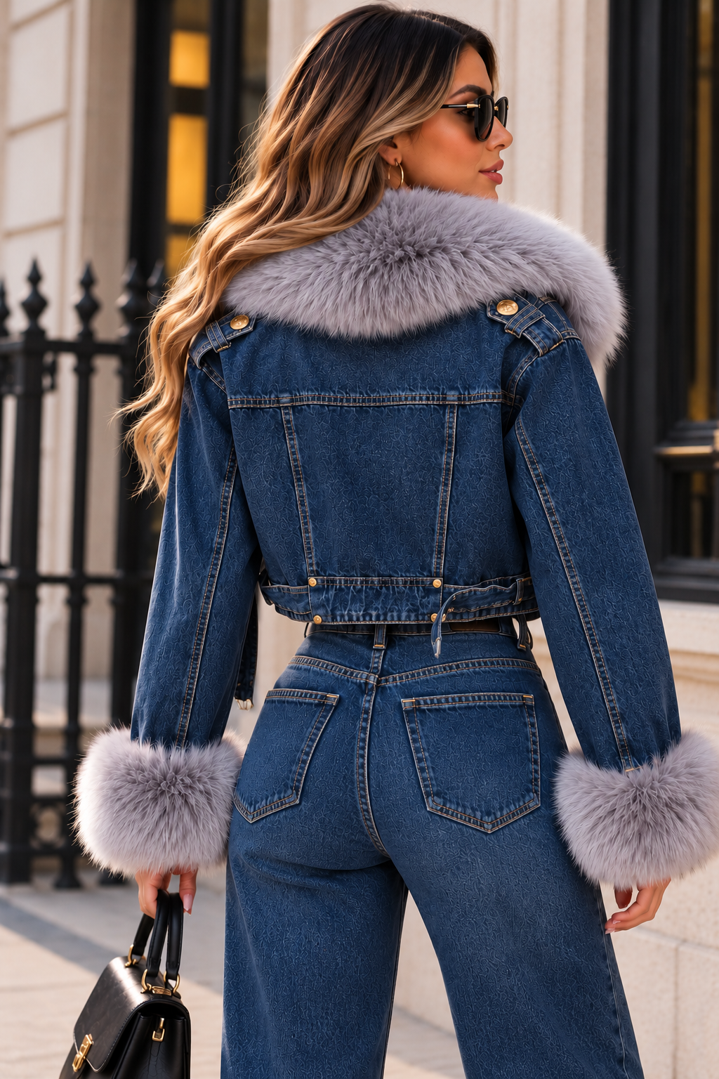 Modelo de espaldas con chaqueta vaquera azul oscuro corta, cuello y puños de pelo sintético gris, combinada con vaqueros azules. NINA AURA COLLECTION.