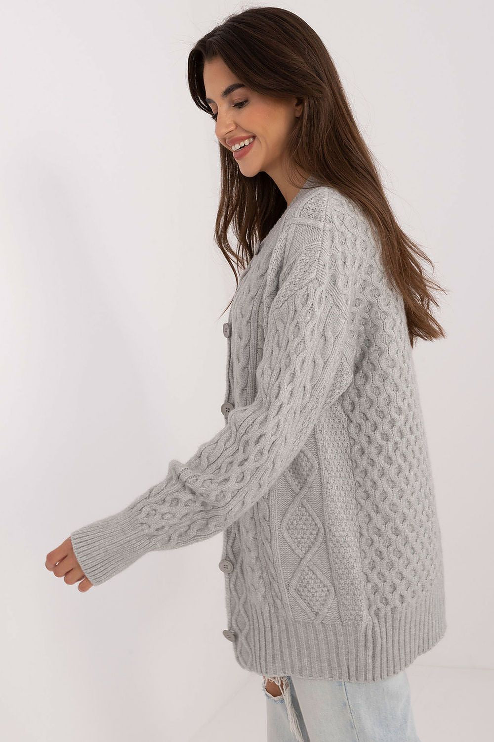 Cárdigan largo de punto para mujer con botones y cuello redondo, abrigo de la marca AT, textura de punto suave y cómodo.