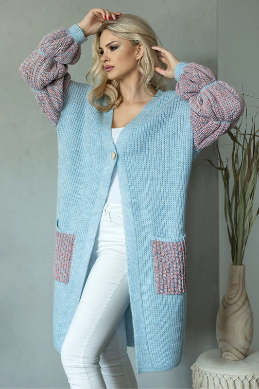 Cárdigan de punto para mujer PeeKaBoo con botón único y bolsillos, image mostrando el abrigo en color neutro y detalles en el tejido