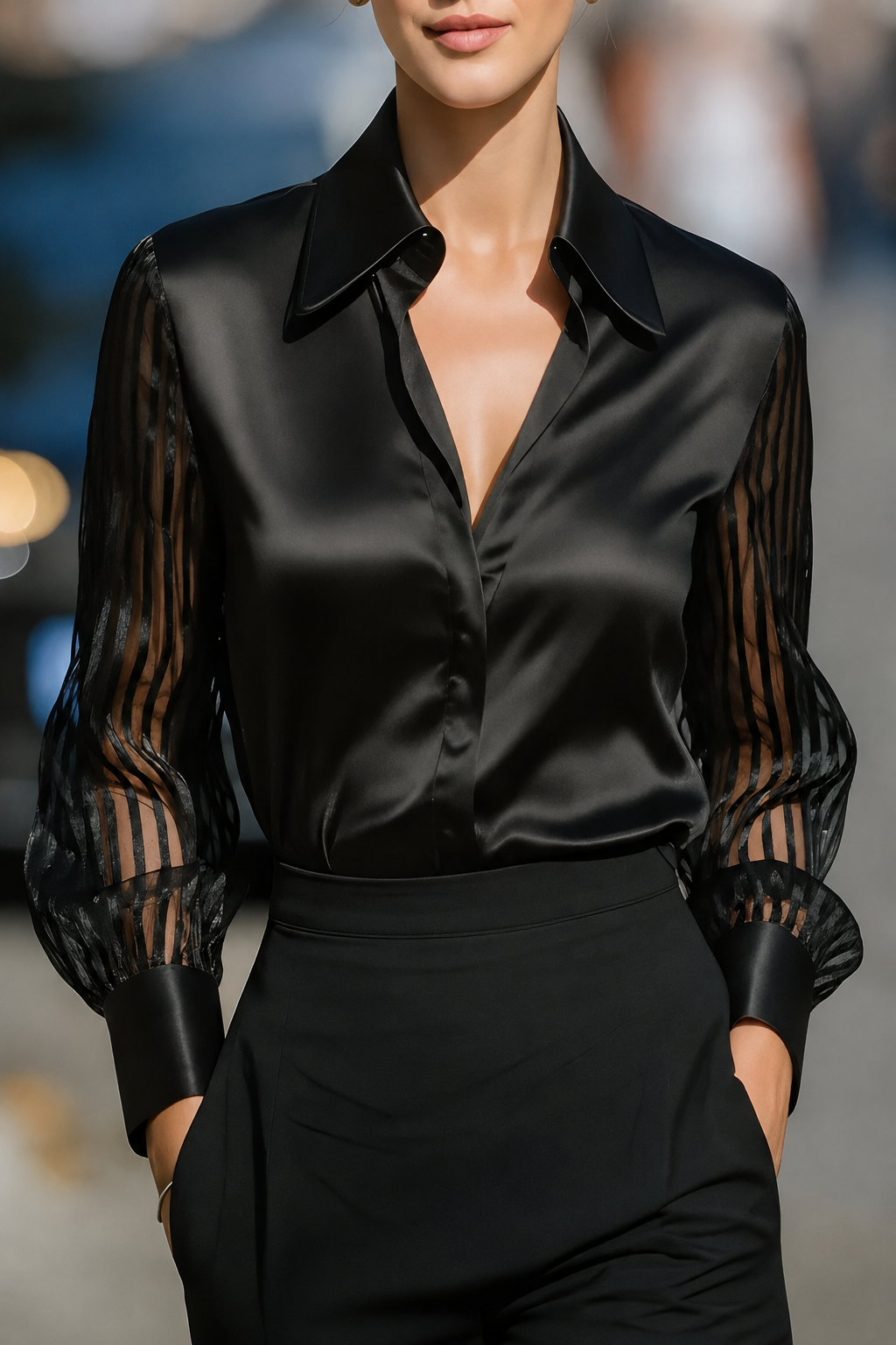 Camisa satinada de manga larga BB Bellezachic, blusa elegante con acabado brillante y diseño moderno, vista frontal del producto.